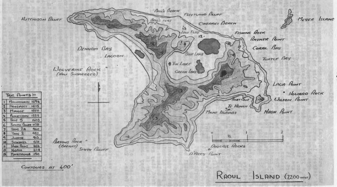 Raoul Island Map Showing Trig Points